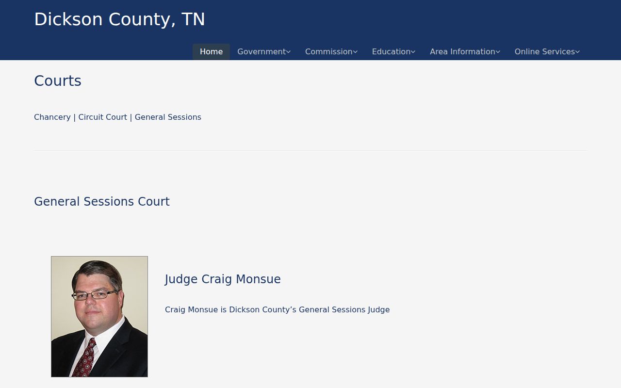 Dickson County General Sessions Court page with its court and warrant-issuance information