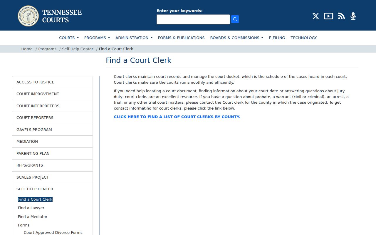 Tennessee court clerk finder page used to route warrant and case questions