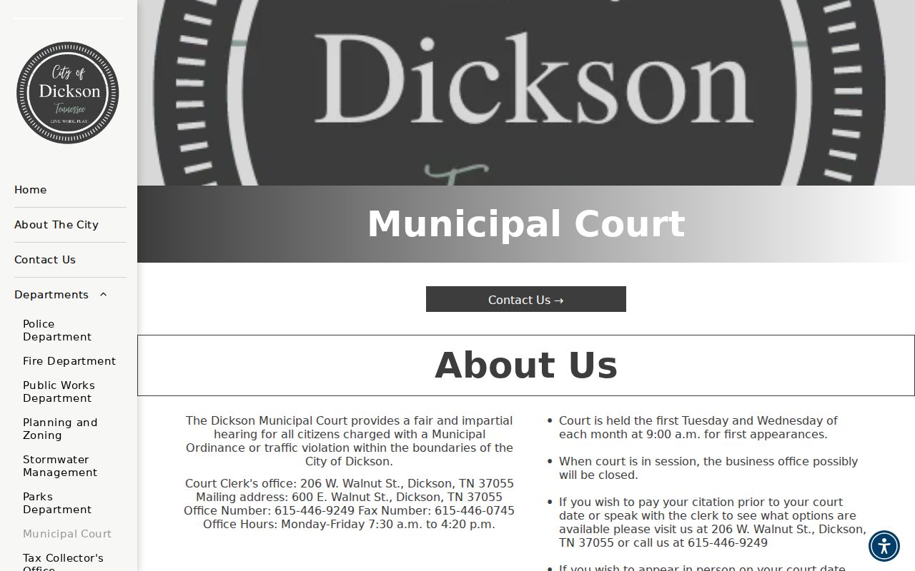 Dickson Municipal Court clerk and fine-payment page