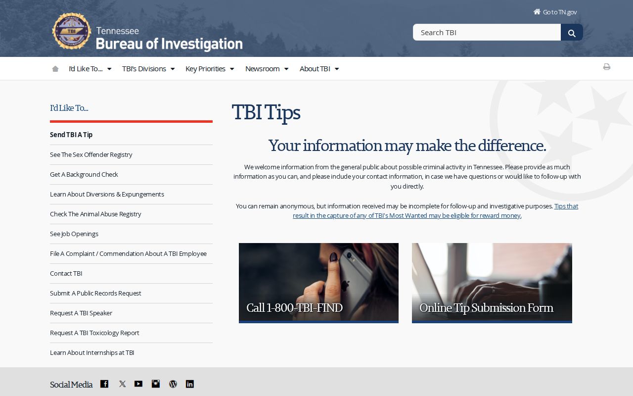 Tennessee Bureau of Investigation public tip page with anonymous reporting information