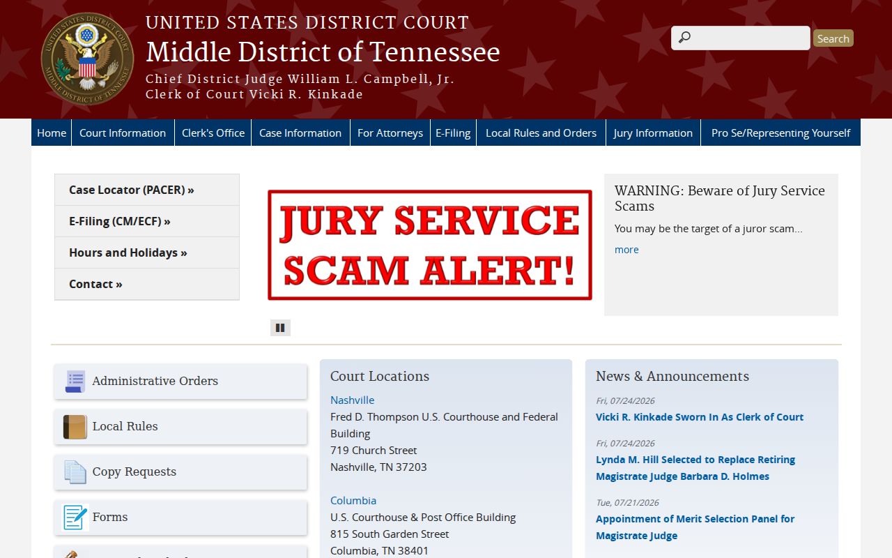 Middle District of Tennessee federal court access page
