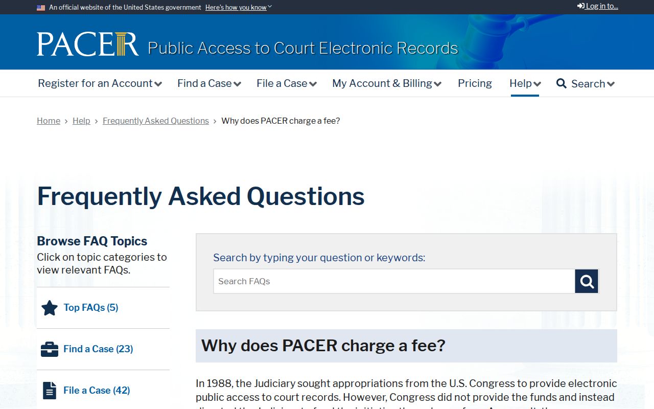 PACER help page explaining federal docket access charges