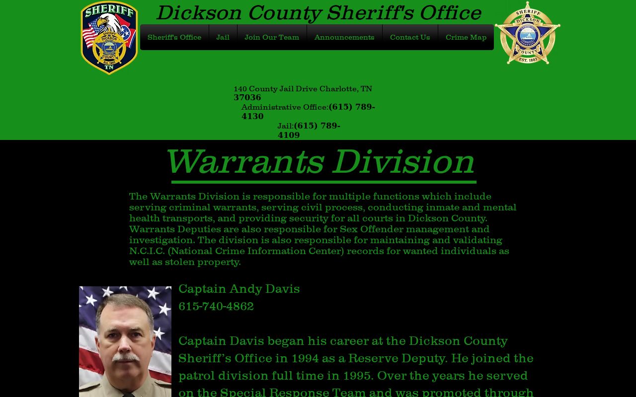 Dickson County Sheriff's Warrants Division information and public contact